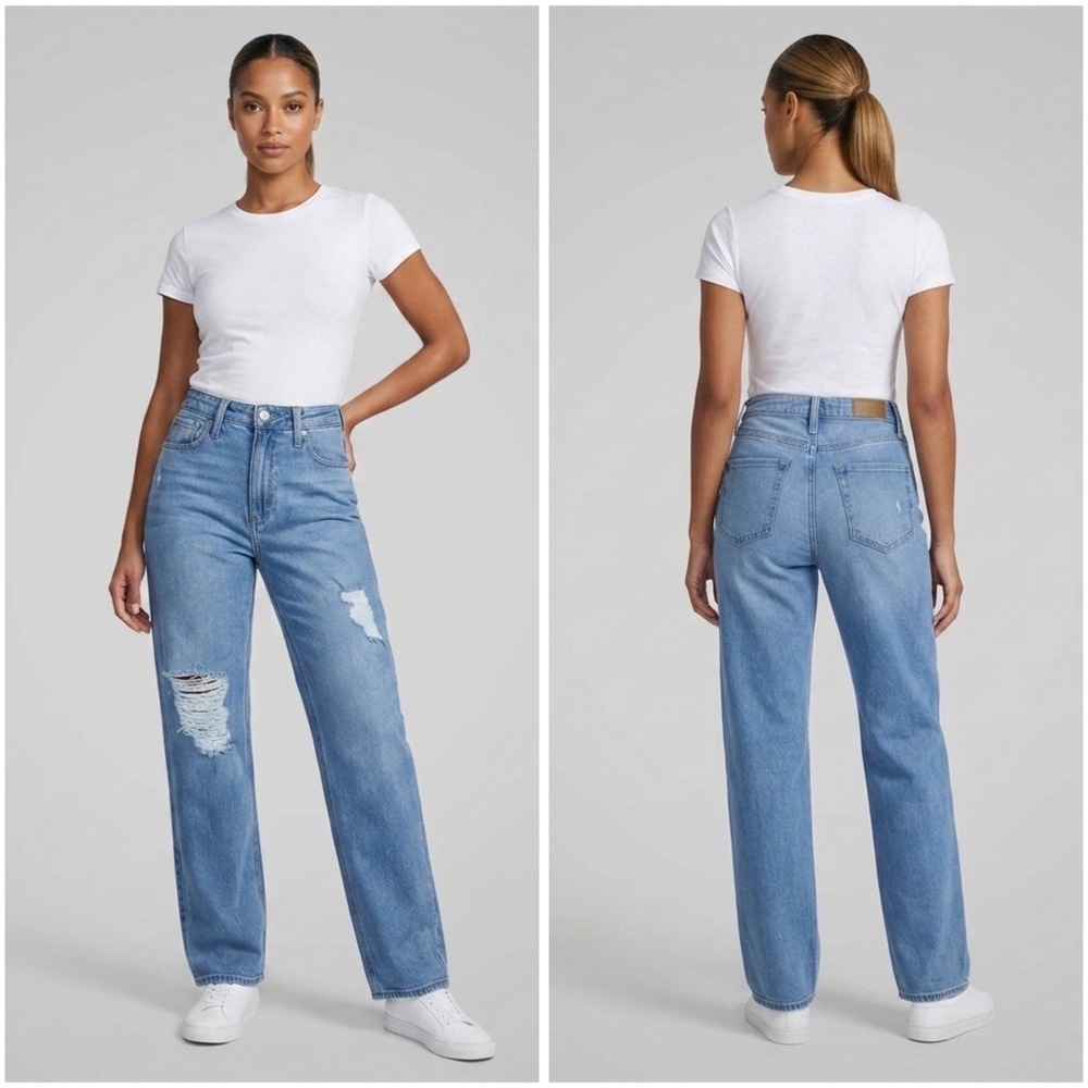 Hollister Ultra High-Rise Dad Jeans Light Wash Distressed Blue Denim‎ 00S 23x29